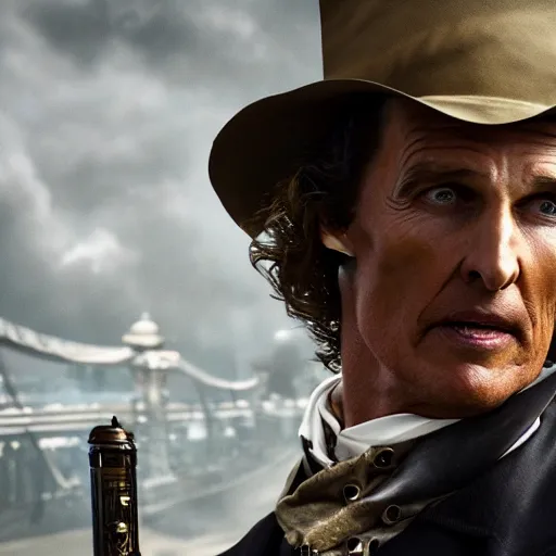 Prompt: [UHD candid photo of Matthew McConaughey as Sherlock Holmes, running down the streets of futuristic steampunk London, correct face, accurate facial details, graphic detail, sharp focus, photo by Annie Leibowitz]