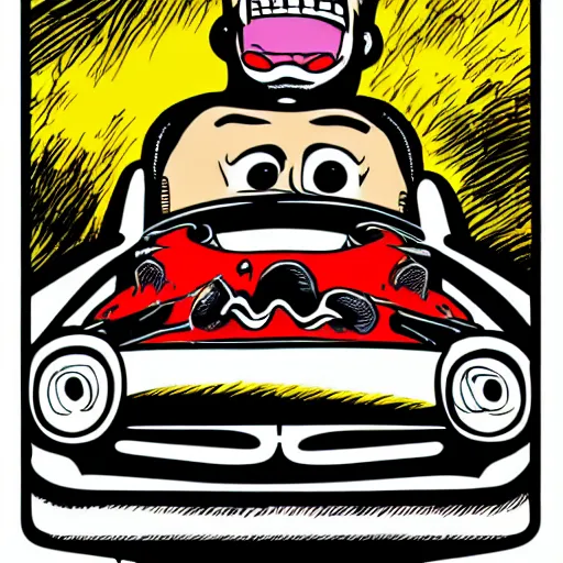 Prompt: Jeff DeGrandis Dragfink.com Ed 'BIG DADDY' Roth Rat Driving a Hotrod, crazy racer spinning, burnout, smokey tires, classic-cult-comic-style, hand drawn svg, vector artwork