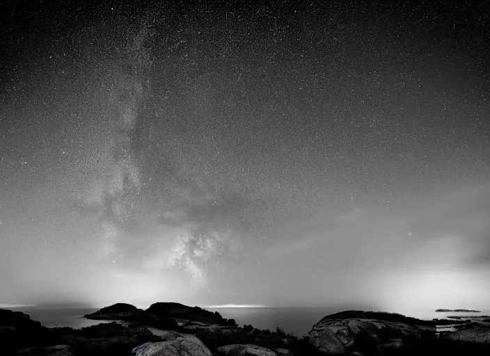 Prompt: long exposure starry night sky, scenic landscape photography by ansel adams