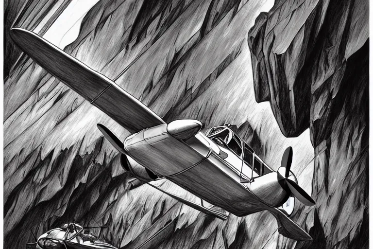 Image similar to hyperrealist pencil sketch of a cessna airplane in a colossal cave by david malan and alphonse mucha, fantasy art, drawing, dynamic lighting, artstation, poster, volumetric lighting, very detailed faces, 4 k, award winning