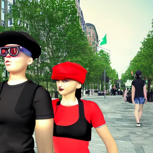 Prompt: Teenage girl, French girl, black beret, black beret with a red star, black shirt with red star, black leather shorts, rollerblading, rollerskates, city on a hillside, colorful buildings, cel shaded, 3D model, Unreal Engine