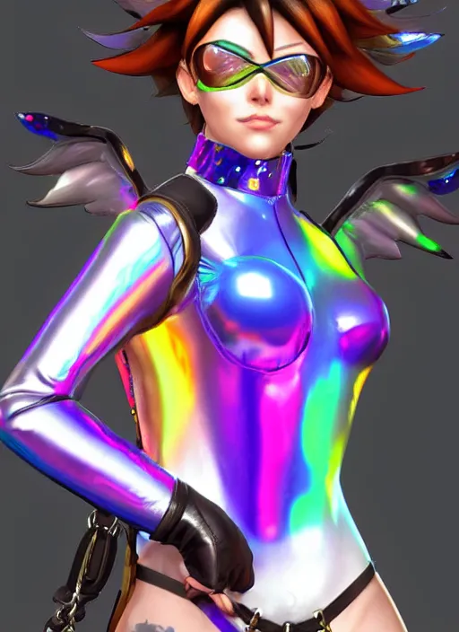 Image similar to portrait bust digital artwork of tracer overwatch, wearing iridescent rainbow latex and leather straps catsuit outfit, makeup, in style of mark arian, angel wings, wearing detailed leather collar, chains, black leather harness, detailed face and eyes,