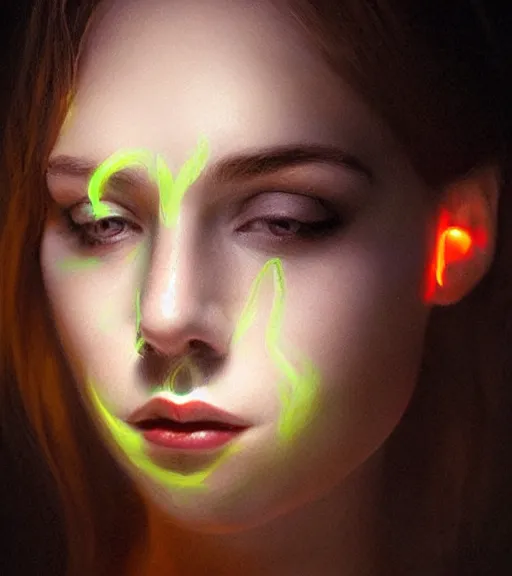 Prompt: lightpainting luminescent portraits, diffuse lightpainting, intricate wiccan facial lightpainting, elegant light, highly detailed, lifelike, photorealistic, artstation, concept art, smooth, sharp focus, art by john collier, artem demura, michael bosanko