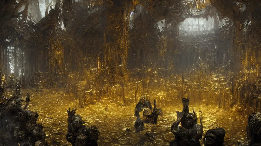 Image similar to halls of Valhalla covered in gold and skulls, decorated with snakes and runes, digital art by Ruan Jia, Rudolf Béres, James Zapata, Jamey Jones