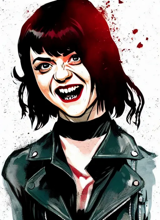 Image similar to Rafael Albuquerque comic art, beautiful female vampire Maisie Williams, mouth open smile sharp vampire teeth, leather jacket, symmetrical face, long hair, long sharp fingers claws, full body