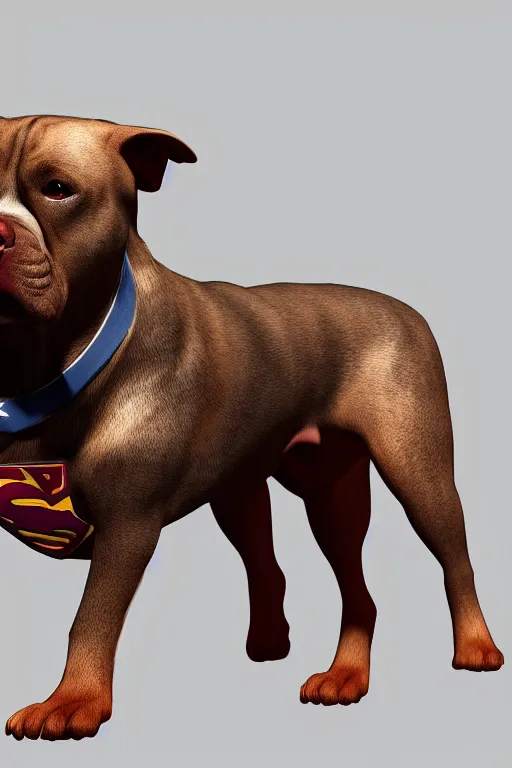 Image similar to pitbull dog wearing superman suit, hyperrealistic, 8 k resolution, artstation, well designed