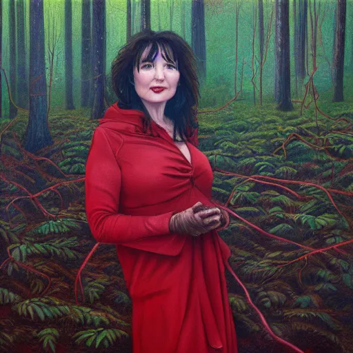 Image similar to kate bush standing in a red leafed a forest where no one is around to hear it, incredibly detailed oil painting, high octane, trending on artstation, incredible fineline, regal, fine art museum piece, drum scanner