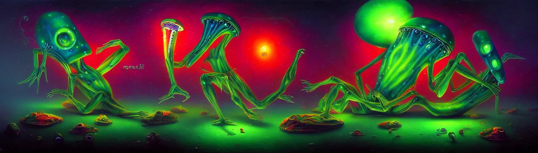 Image similar to strange alien plankton creatures from the depths of the collective unconscious, dramatic lighting, surreal darkly colorful painting by ronny khalil