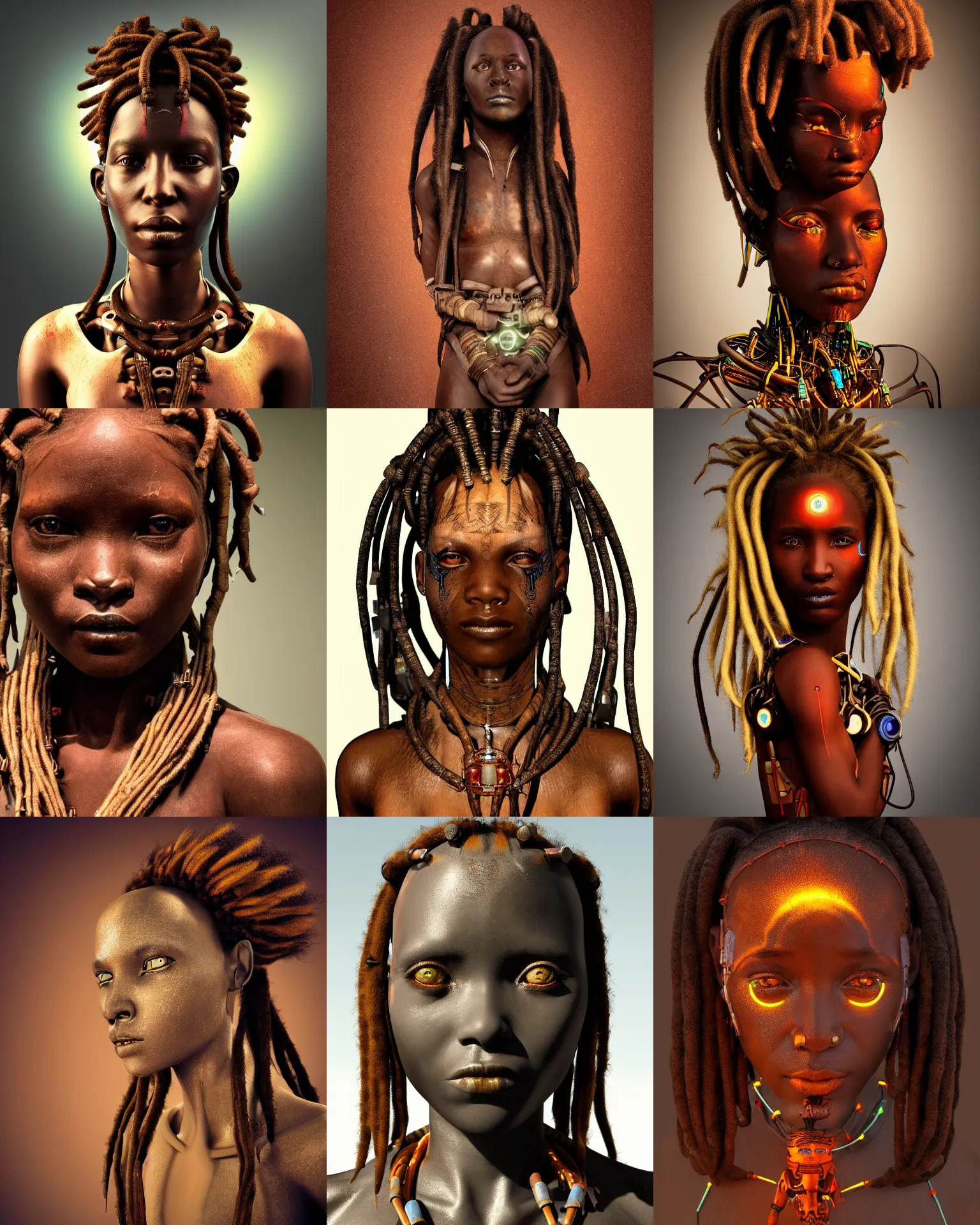 Prompt: futuristic himba young woman, cybernetic eye, mechanical limbs, glowing dreadlocks, realistic concept art, dramatic lighting, intricate, depth of field, upper body, terracota colors