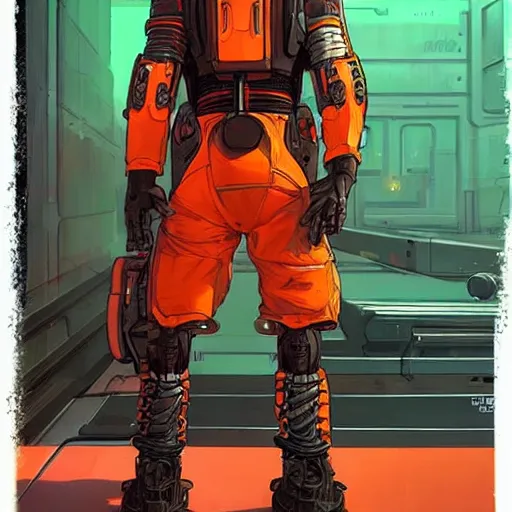 Prompt: cyberpunk mechanic dude with robotic legs. orange and black color scheme. concept art by james gurney and mœbius. apex legends character art
