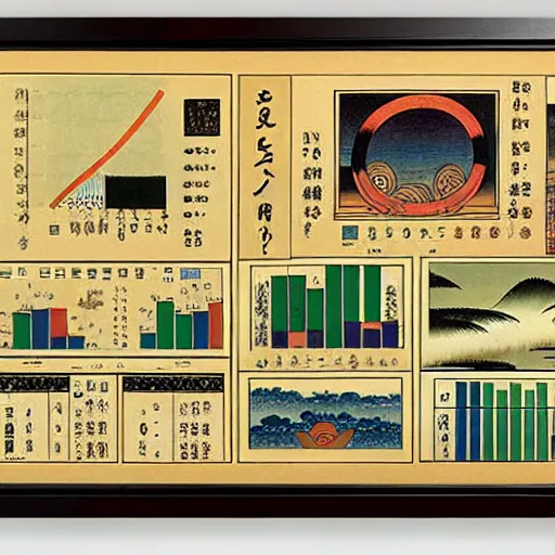 Prompt: dashboard with various financial time series charts, bar charts and metrics, diego rivera with Ukiyo-e influence, HD