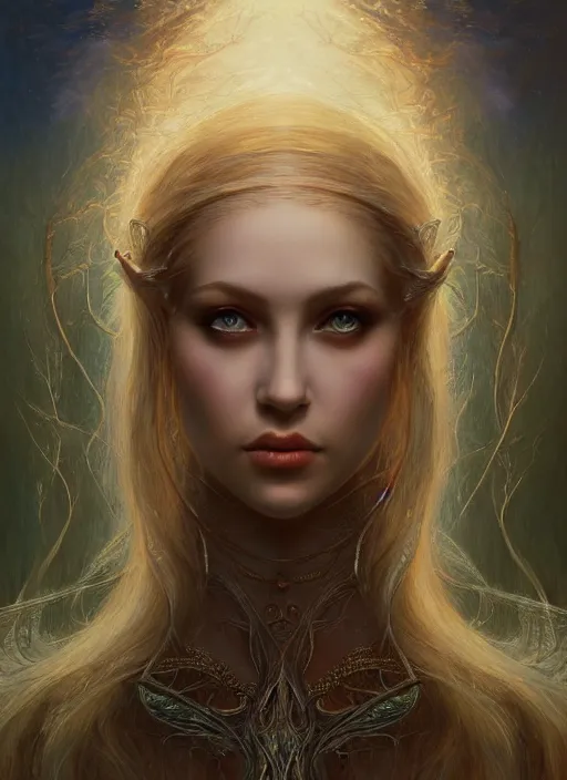 Image similar to masterpiece painting of beautiful elven girl portrait by elena kukanova, jeff easley, background by james jean and zdizslaw beksinski, 8 k, epic, majestic, intricate artwork, volumetric lighting, porcelain skin, french nouveau, trending on artstation, behance