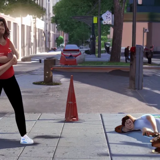 Image similar to rachel bloom helping a thug on the street who is having a medical emergency by calling an ambulance full of bitches, ultra detailed, 8 k resolution, ultrarealistic