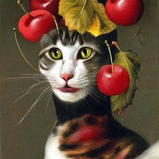 Image similar to a cat head made out of cherries by giuseppe arcimboldo, oil on canvas