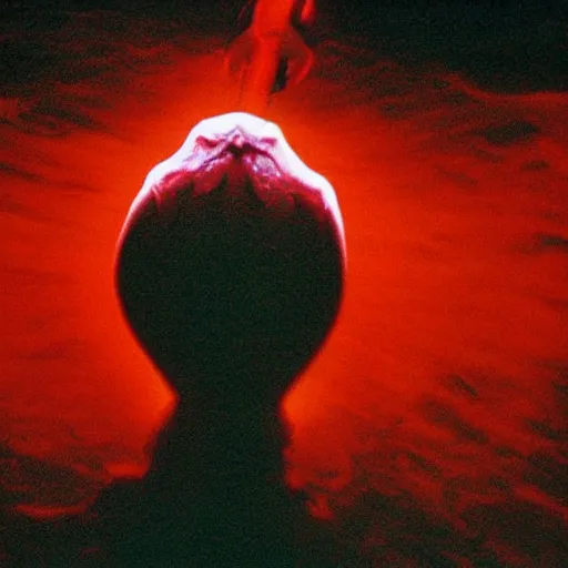 Image similar to the filmic anti - christ rising from a red ocean. alien squid appear. ominous. vivid color detailed photograph from a 1 9 9 0 s horror movie.