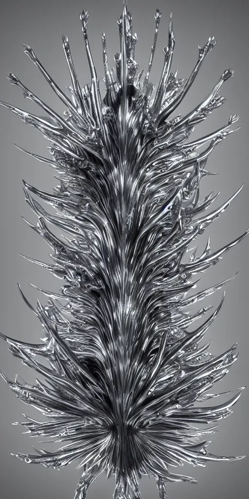 Image similar to a photorealistic render of a metallic neotribal spiky glaucus atlanticus sculpture, greyscale, made of liquid metal, c 4 d, by zhelong xu and ernst haeckel, wide angle, hyper realistic, plain background, 8 k, volumetric lightning, octane render