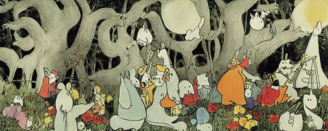 Prompt: the moomins, bosch painting, very detailed!, high quality