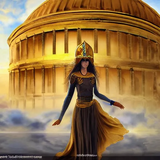 Prompt: young ancient greek woman in golden helmet, a floating pantheon palace in the sky, clouds background, island floating in the sky, epic fantasy style art, fantasy epic digital art