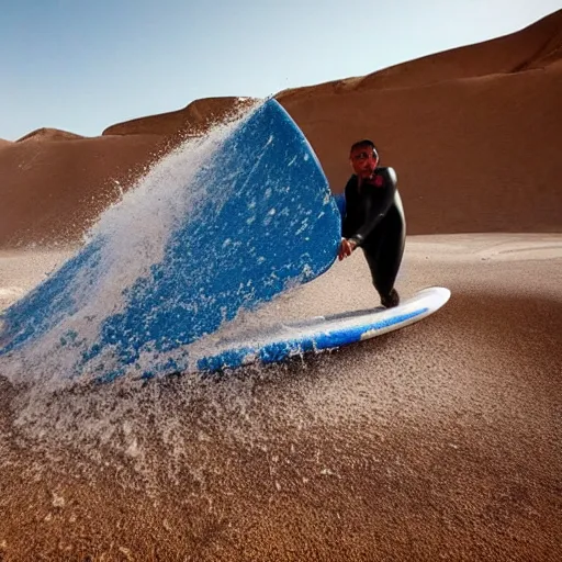 Image similar to 2 person surfing on wave made of comic dust located in desert nearby the pyramids