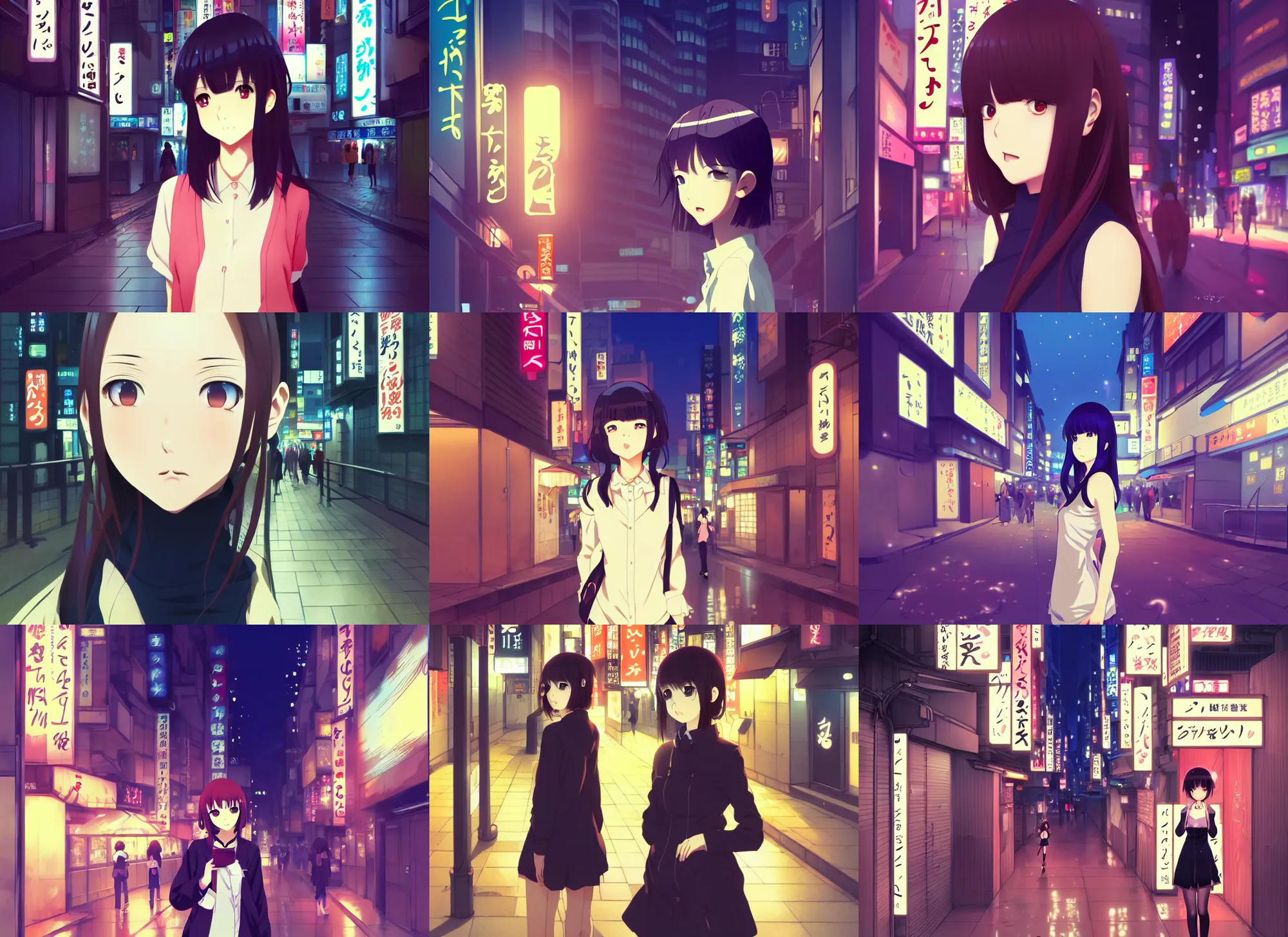 Prompt: anime visual, portrait of a young female sightseeing in shibuya at night, low light, cute face by ilya kuvshinov, yoh yoshinari, makoto shinkai, dynamic pose, dynamic perspective, cel shaded, flat shading mucha, rounded eyes, moody, detailed facial features, speed grapher