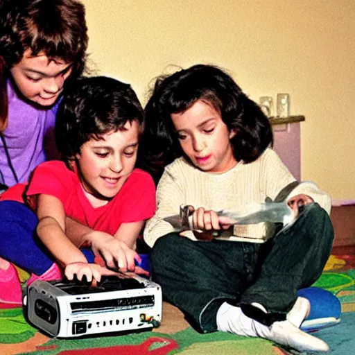 Prompt: Kids playing with a betamax