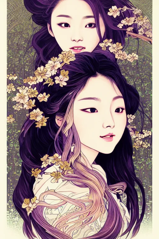 Prompt: beautiful young heroine portrait like twice tzuyu+happy+smoky eyes+front face with light flowing hair smiling, ultradetail face by tian zi and WLOP and alphonse mucha, great wave of hokusai, illustration, fantasy, acryllic spill, intricate complexity, chinese, goddess, holy, divine, rule of thirds, fantasy character concept, watermark, blurry, 8k