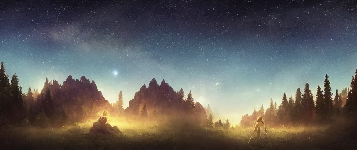 Image similar to digital photography of a ultra detailed night sky with constellations, detailed very beautiful native American girl with short hair swimming in a blue pool, Perseides meteor shower, ultra detailed hill top over behind a forest, large mountains in back, concept art, low angle, high detail, warm lighting, volumetric, vivid, beautiful, trending on artstation, by Jordan Grimmer, no focus, huge scene, ultra detailed trees, F11 aperture, in the style of JIM RICHARDSON