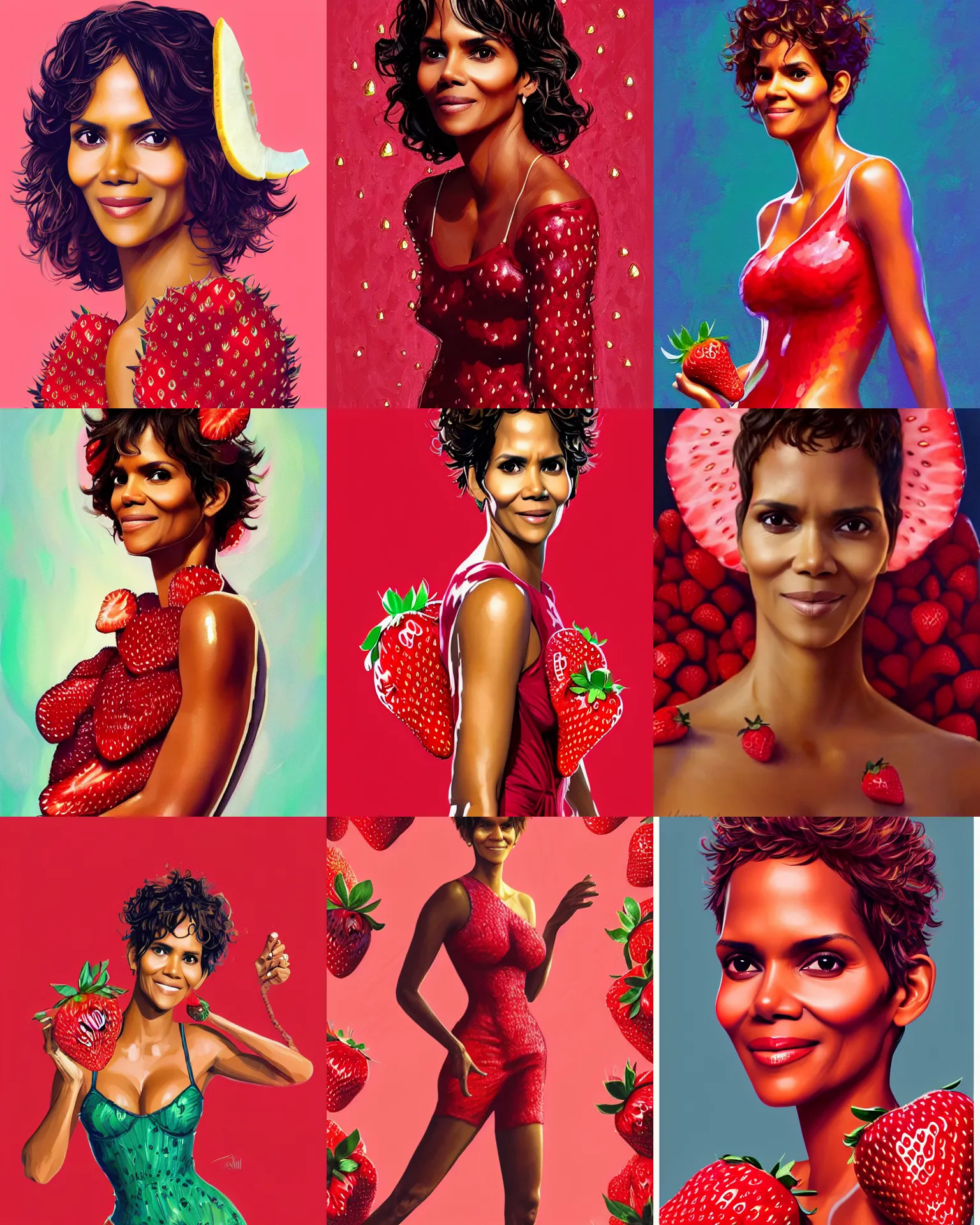 Prompt: halle berry wearing a cute strawberry costume, strawberry shapes body, red carpet, charlotte olympia, dramatic lighting, london fashion week, friends of fruits, bedazzled fruit costumes, shaded lighting poster by magali villeneuve, artgerm, jeremy lipkin and michael garmash, rob rey and kentaro miura style, trending on art station