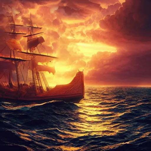 Image similar to portrait of a ship on the sea with a medieval woman ship pilot from behind, dramatic golden sunset with storm clouds, wearing shiny breastplate, dynamic lighting, hyperrealistic, artstation