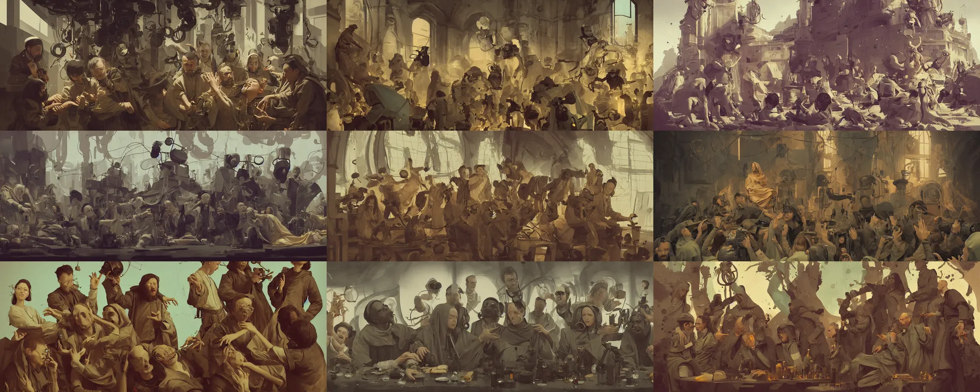 Prompt: duotone olive illustration 3 / 4 portrait of group of 1 7 th century priests and mad scientists experimenting on a beautiful handmaiden, composition accidental renaissance golden ratio. by sachin teng and sergey kolesov and ruan jia and heng z. graffiti art, scifi, fantasy, hyper detailed. octane render. concept art. trending on artstation