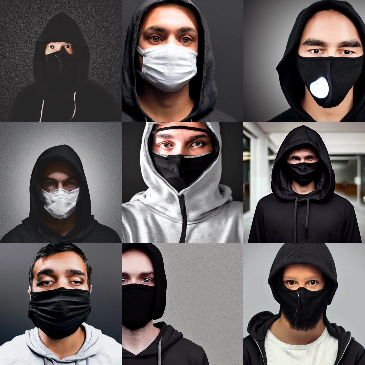 Prompt: Photo of a person wearing black hoodie with a hood on and completely black full face mask and glowing complete white eyes, on a black background