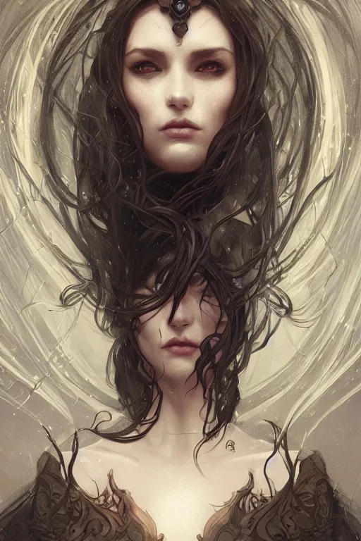 Prompt: a photograpic portrait of a pretty dark sorceress, fantasy, ominous, intricate, elegant, highly detailed, digital painting, artstation, concept art, smooth, sharp focus, illustration, art by artgerm and greg rutkowski and alphonse mucha