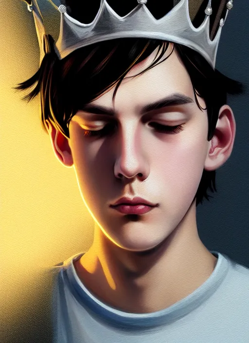 Image similar to portrait of teenage jughead jones wearing a light grey crown, photorealistic, crown, eyes closed, crown, black hair, intricate, elegant, glowing lights, highly detailed, digital painting, artstation, concept art, smooth, sharp focus, illustration, art by wlop, mars ravelo and greg rutkowski