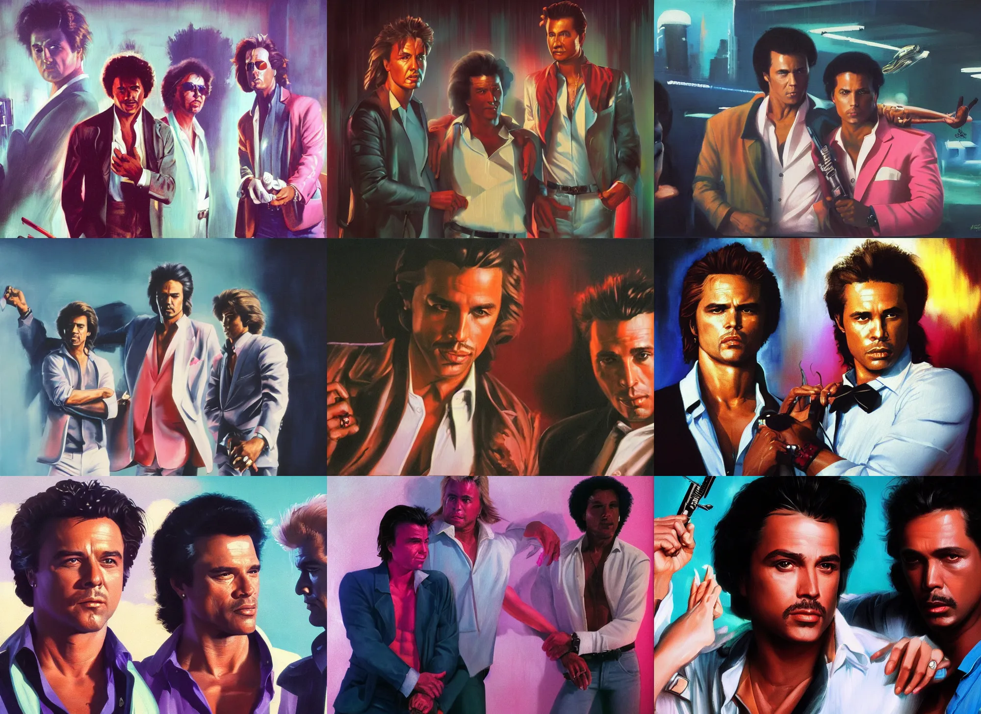 Prompt: a portrait painting of eighties miami vice, night club, don johnson and philip michael thomas, ultra realistic, highly detailed faces, true life, 8 k, masterpiece, cinematic, by frank frazetta, greg rutkowski, yoko taro, christian macnevin, beeple, wlop, krenz cushart, epic character art, volumetric lighting