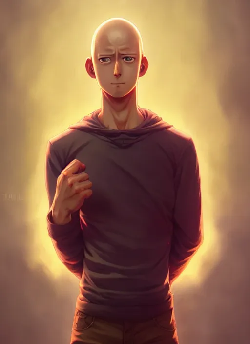 Image similar to handsome saitama, half body shot, path traced, highly detailed, high quality, digital painting, alena aenami, lilia alvarado, shinji aramaki, karol bak, alphonse mucha, tom bagshaw