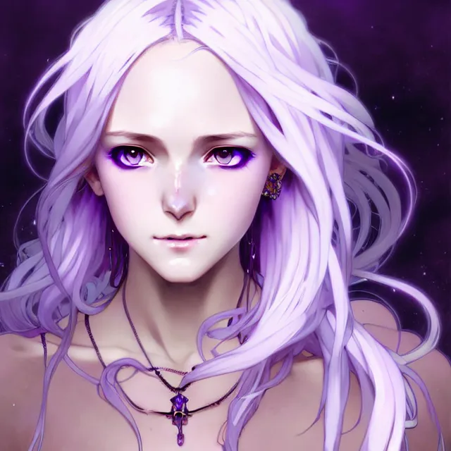 Image similar to anime girl with flowing lavender hair, purple eyes and white dress, black jewellery, digital artwork, very beautiful face, pretty smile, extremely detailed art by greg rutkowski and alphonse mucha