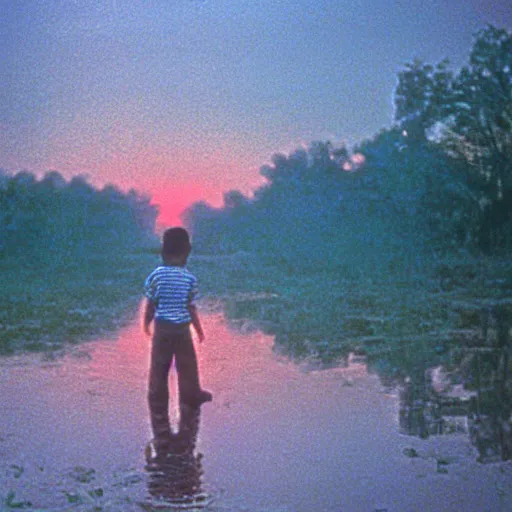 Image similar to Movie scene photography of a 10 years old boy playing in the dirty swamp, by tarkovsky, wong kar wai photography, sunset, monet pastel ambient