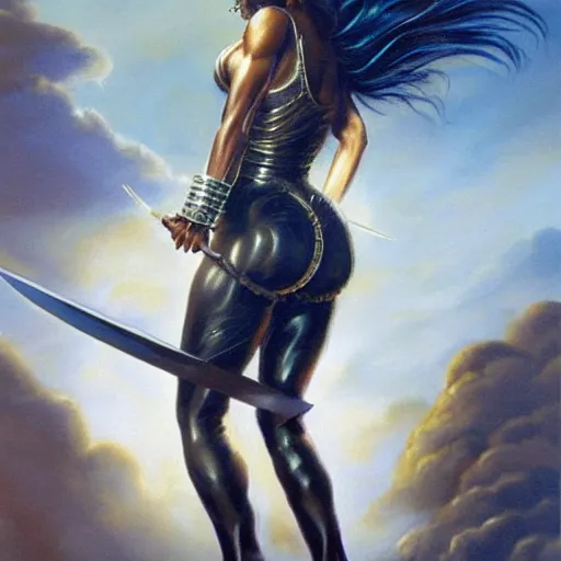 Image similar to detailed oil painting of tall hyper - muscular shining bronze - skinned warrior woman with silver eyes, with large sword, full body, with long wavy flowing black hair and big gold earrings, jewelry, red lipstick, makeup, feminine, volumetric lighting, dynamic composition, art by boris vallejo, scifi, concept art