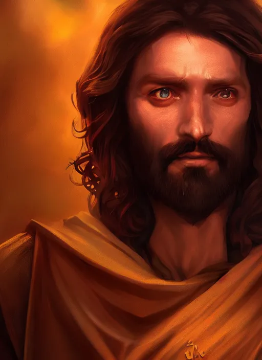 Prompt: A fantasy comic book style portrait painting of Jesus Christ as a Mage, unreal 5, DAZ, hyperrealistic, octane render, RPG portrait, dynamic lighting