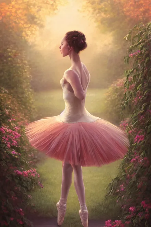 Image similar to stunningly beautiful, prima ballerina in rose garden, symmetrical face, golden hour, smooth, focus, highly detailed, hyper realistic, dramatic lighting, elegant, intricate, concept art, art by wlop, mars ravelo, greg rutowski, artstation