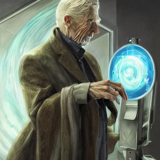 Prompt: an epic fantasy comic book style portrait painting of an old thin man with a sad smart face, and futuristic clothing, standing in front of a computer simulation, intelligent face, sci - fi, intricate, elegant, highly detailed, digital painting, artstation, concept art, matte, sharp focus, illustration, art by artgerm and greg rutkowski and jim burns