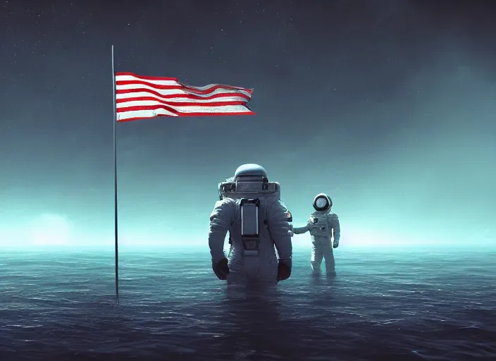 Image similar to astronaut holding a flag in an underwater desert. a submarine is visible in the distance. dark, concept art, cinematic, dramatic, atmospheric, 8 k, trending on artstation, blue, fish, low visibility, fog, ocean floor, christopher nolan, interstellar