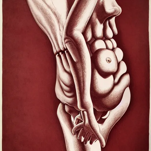 Image similar to surreal red head anatomical atlas dissection center cut, lithography on paper conceptual figurative ( post - morden ) monumental dynamic soft shadow portrait drawn by hogarth and escher, inspired by goya, illusion surreal art, highly conceptual figurative art, intricate detailed illustration, controversial poster art, polish poster art, geometrical drawings, no blur