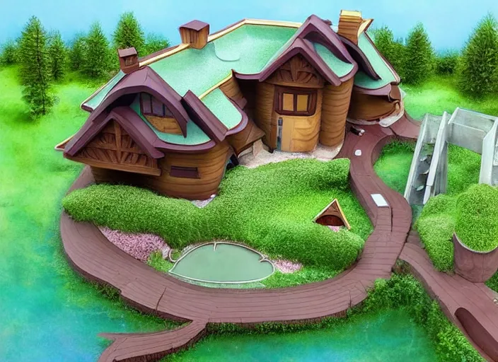 Prompt: fantasy house, house shaped like a bear sleeping