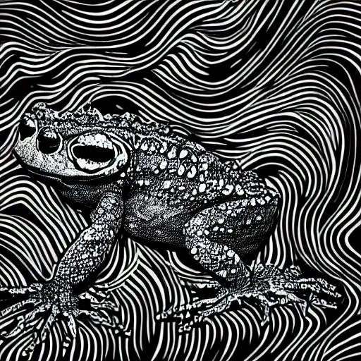 Image similar to deep camouflage angry toad evil eyes poking out eyes from under the water ultra sharp blur background simple background psychedelic contour ink drawing gustave dore cinema 4d