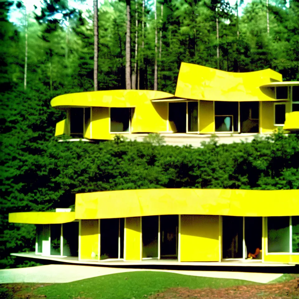 Image similar to a flat leveled mid-century modern house with big tiles in a forest, designed by Frank Gehry. Film grain, cinematic, yellow hue