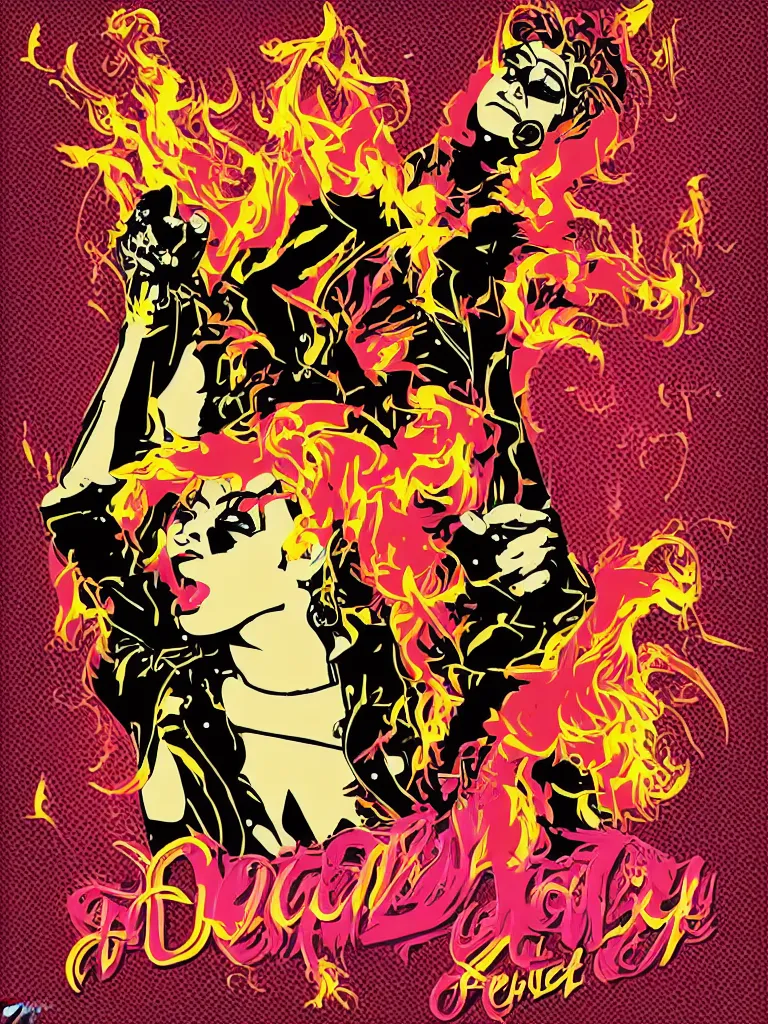 Prompt: vector art concert poster for a glam rock star drag queen, fire theme, concert poster