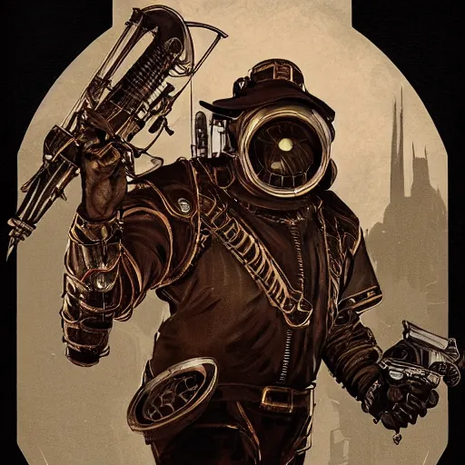 Image similar to an ultra detailed vector image of a big daddy from bioshock dressed as the hunter from bloodborne, concept art by alphonse mucha and greg rutkowski, scary shadows, blood moon eclipse, polaroid octane render, laminal space