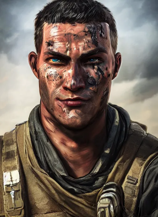 Image similar to A comic book style portrait painting of a male soldier in a post apocalyptic world, unreal 5, DAZ, hyperrealistic, octane render, RPG portrait, dynamic lighting