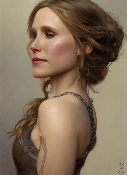 Image similar to beautiful portrait ofkristen bell, soft features, by magali villeneuve and greg rutkowski and artgerm and alphonse mucha and jeremy lipkin and michael garmash and rob hay, intricate, elegant, highly detailed, photorealistic, trending on artstation, trending on cgsociety, 8 k, sharp focus